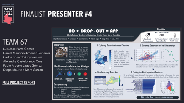 Data Science for All: Colombia program. First place,No + Drop - Out = App; A Data Science Web App to Understand Scholar Desertion in Colombia