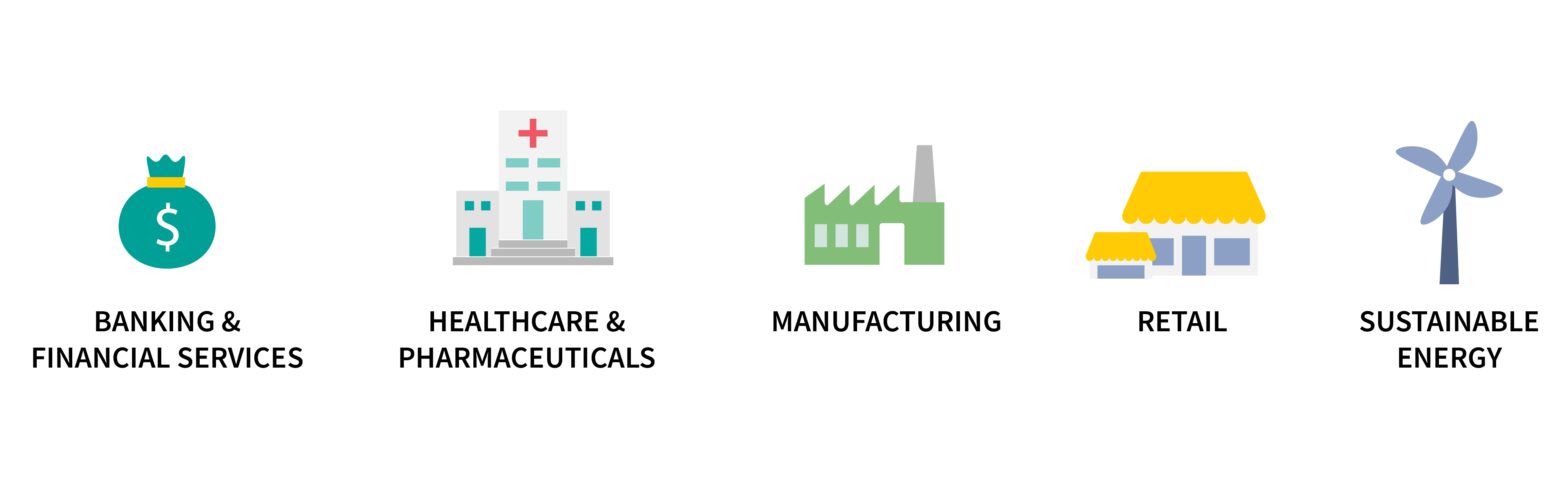 A colorful graphic illustrates the following fields: Banking and financial services; Healthcare and pharmaceuticals; Manufacturing; Retail; Sustainable energy